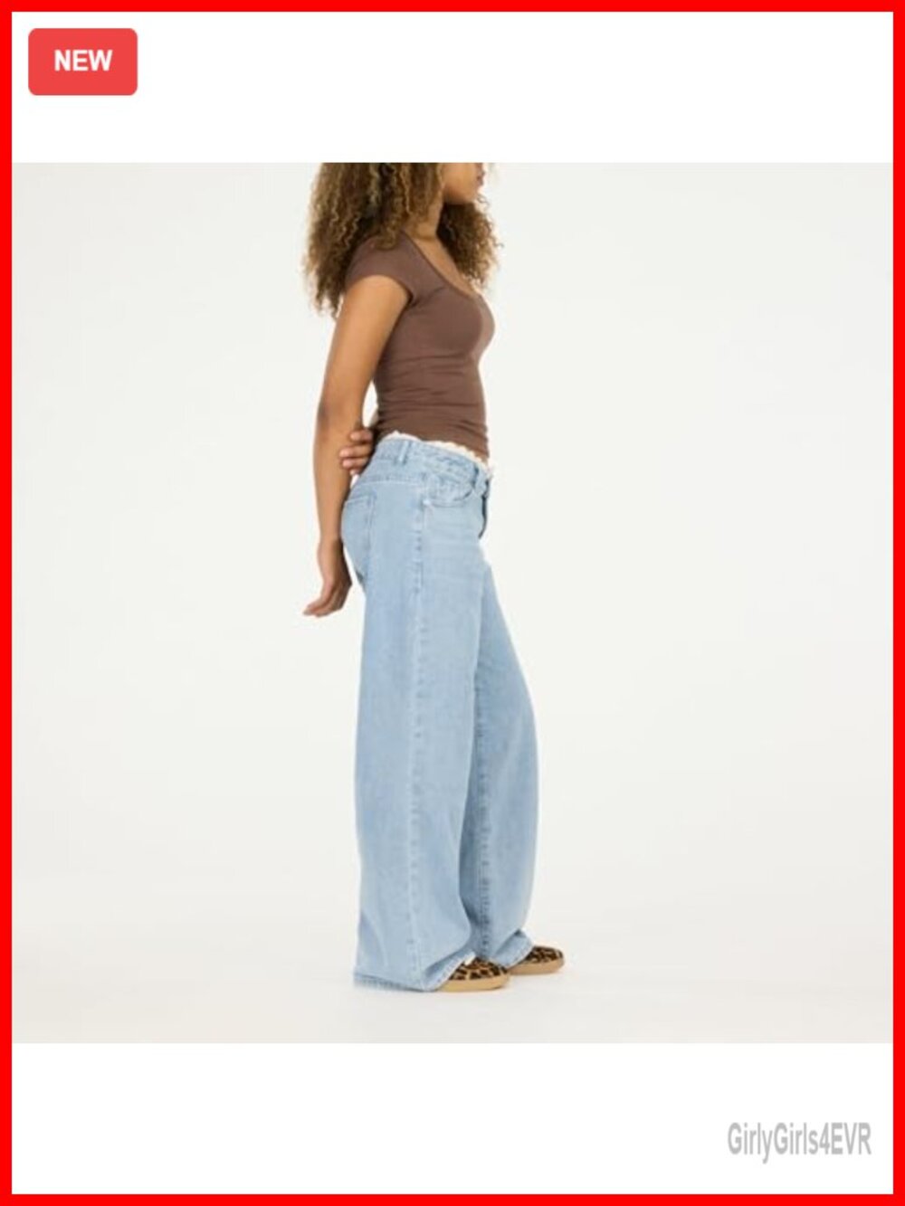 Women's Wide-Leg High-Rise Jeans with Lace Waistband - Cotton Blend - Picture 3 of 7